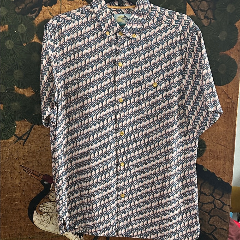 Tommy Bahama Blue and White Flamingo Patterned Button Down Shirt